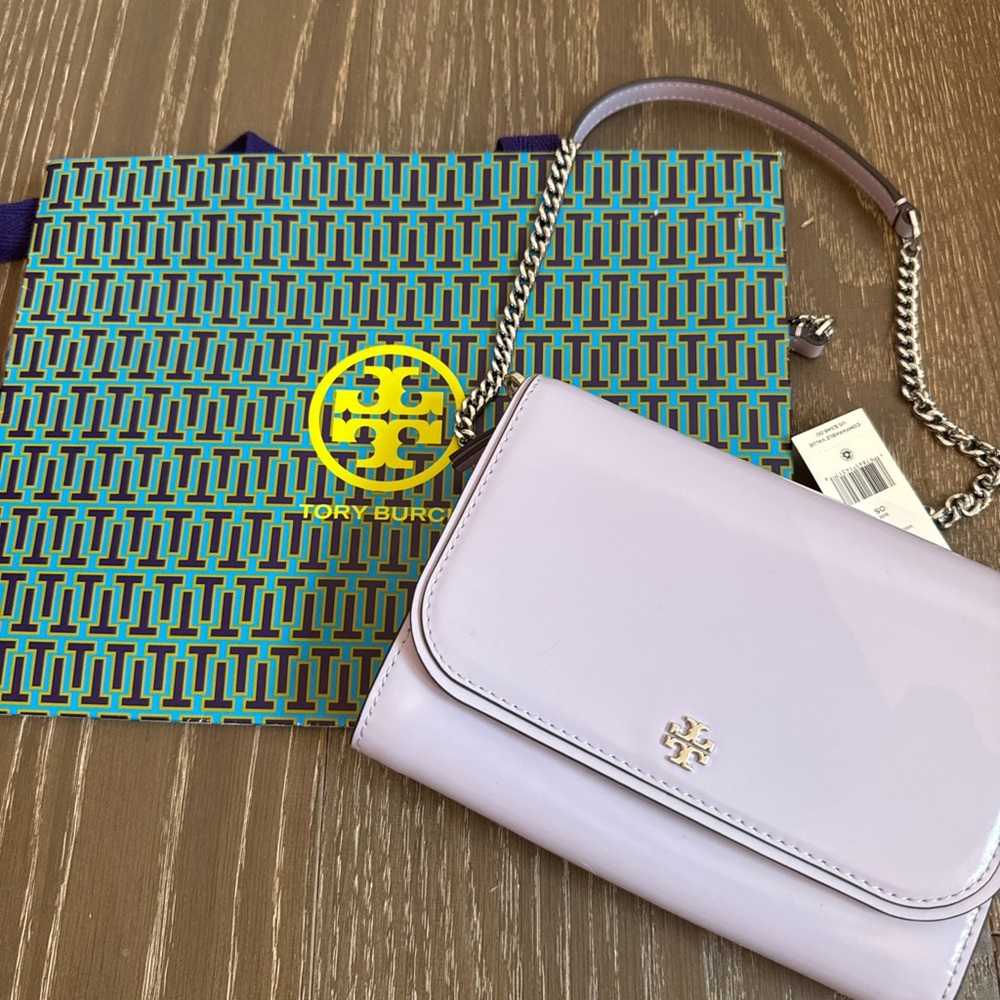 NWT Tory Burch Emerson Patent Chain Wallet violet sky NO LONGER AVAILABLE - Picture 2 of 13